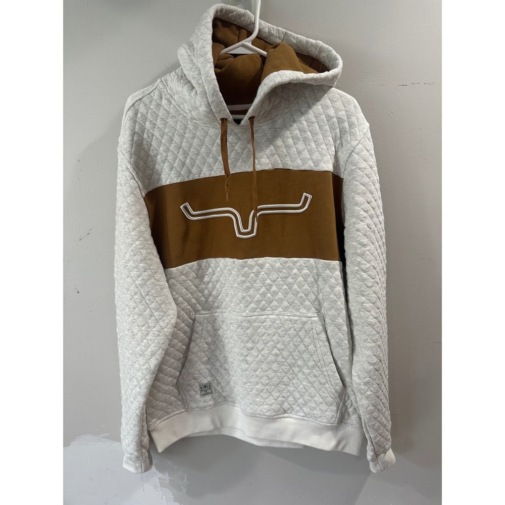 Kimes Ranch Mens Small Quilted Longhorn Logo Hoodie Sweatshirt Cream Brown